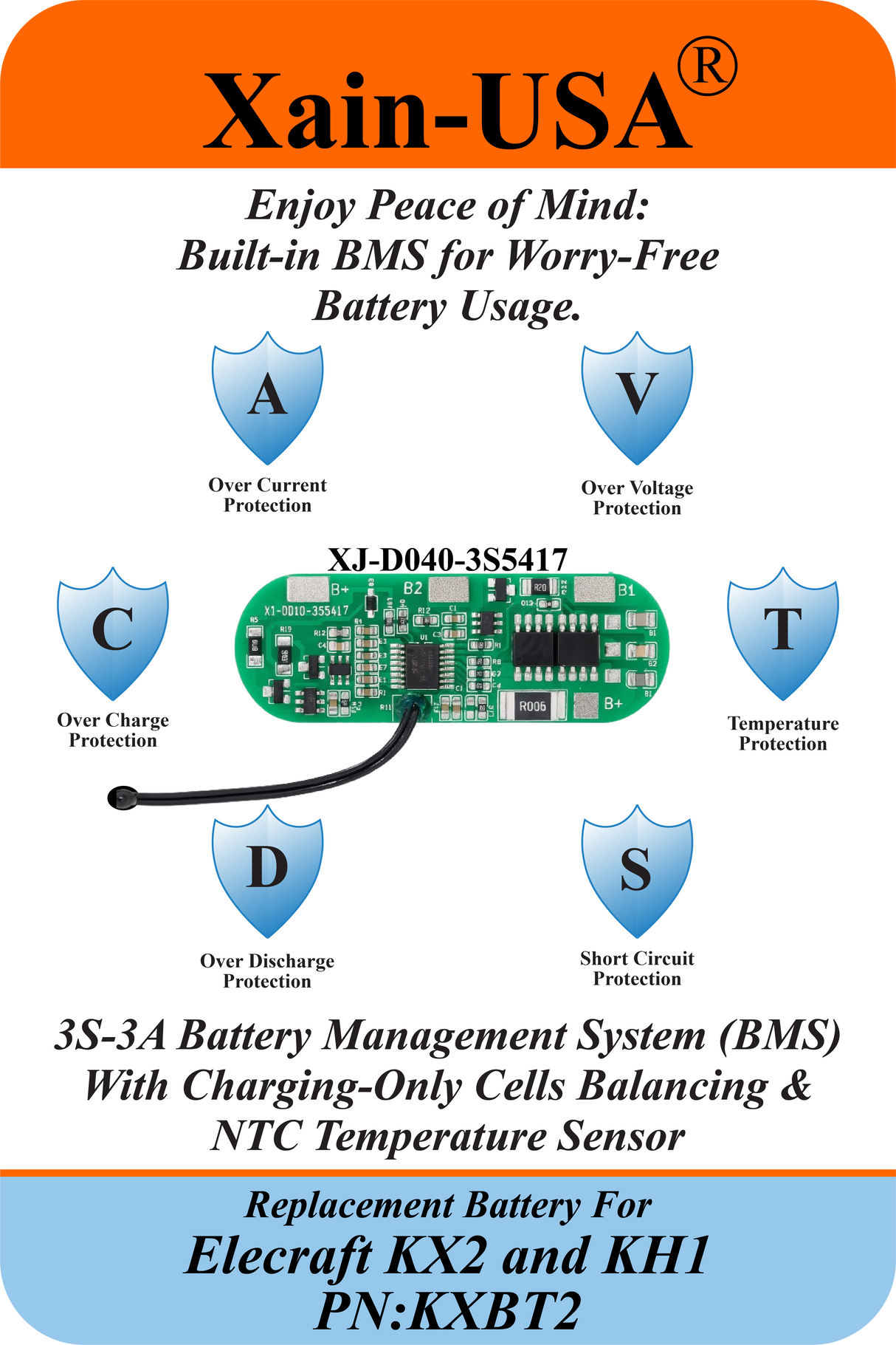 Long-Lasting 3200mAh Rechargeable Li-ion Battery PN: KXBT2 | Direct Replacement for Elecraft KX2 & KH1 | Premium Xain-Xtra Cells, 1000+ Charge Cycles