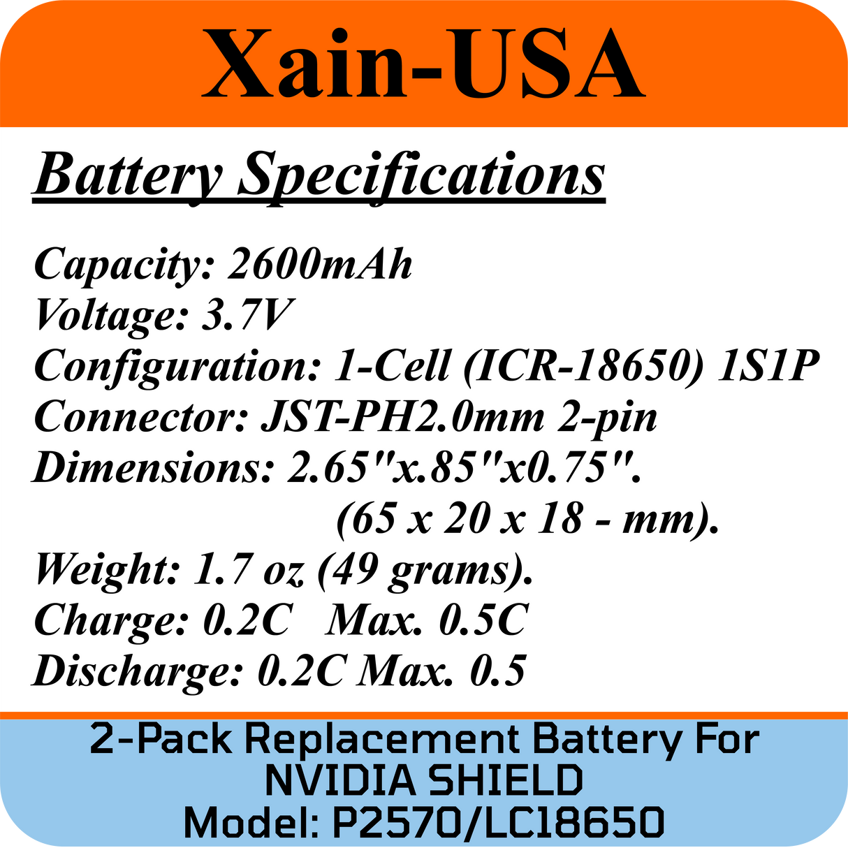 2-Pack: Replacement battery for NVIDIA P2570 Shield, Shield TV 1st Generation, PN: LC18650, 2600mAh