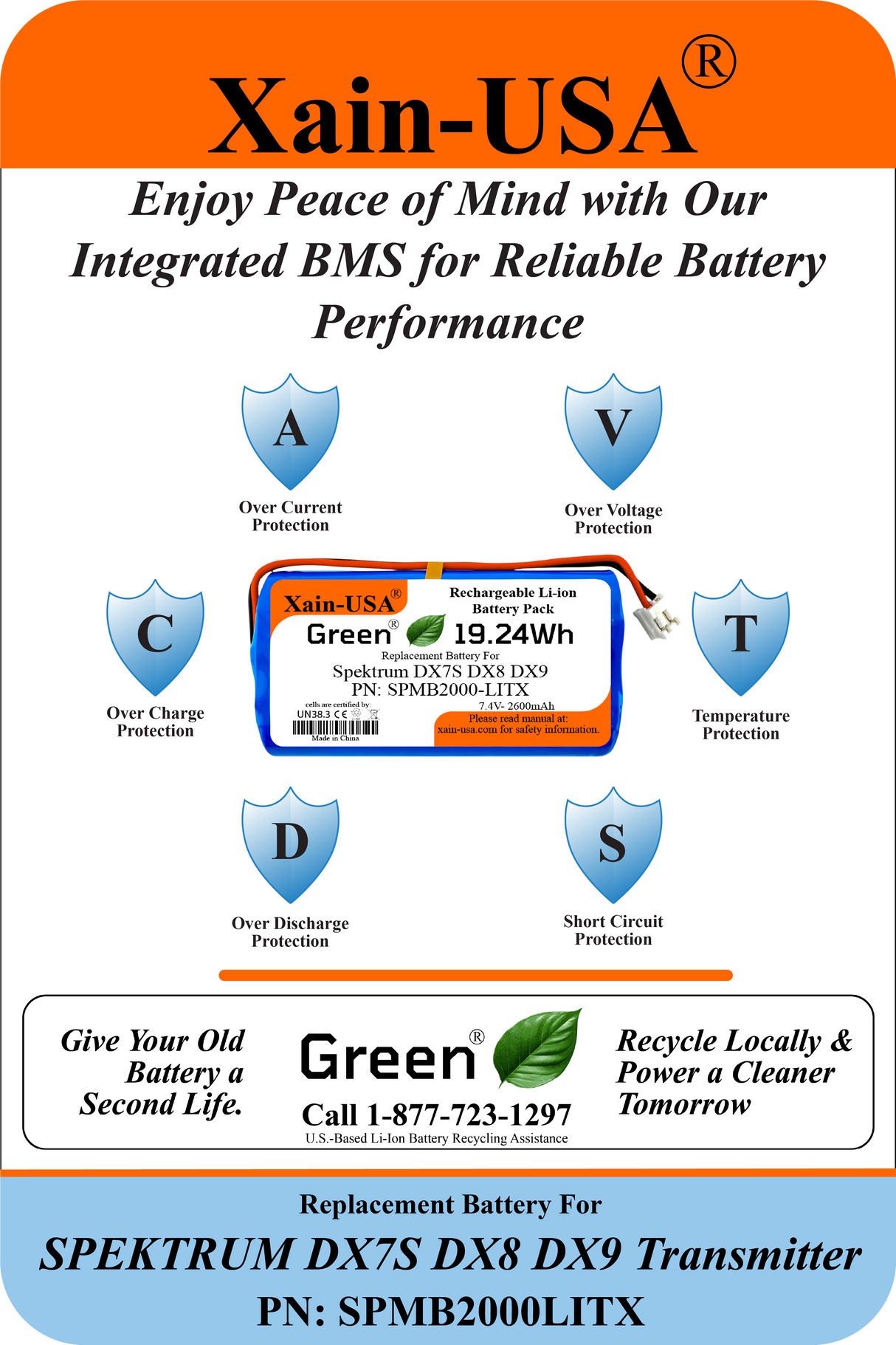 7.4V 2600mAh Li-Ion Replacement Battery for Spektrum DX7S/DX8/DX9 Transmitters, PN SPMB2000LITX, JST-EH2.54 2-Pin, Built-in BMS