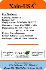7.4V 2600mAh Replacement Battery for WOLF-Garten Power 100 / BS 80 Plus / Classic 60 Mit, Replaces PN 7086-918, 19.24Wh Li-ion, 3-Wire Connector, Built-in BMS