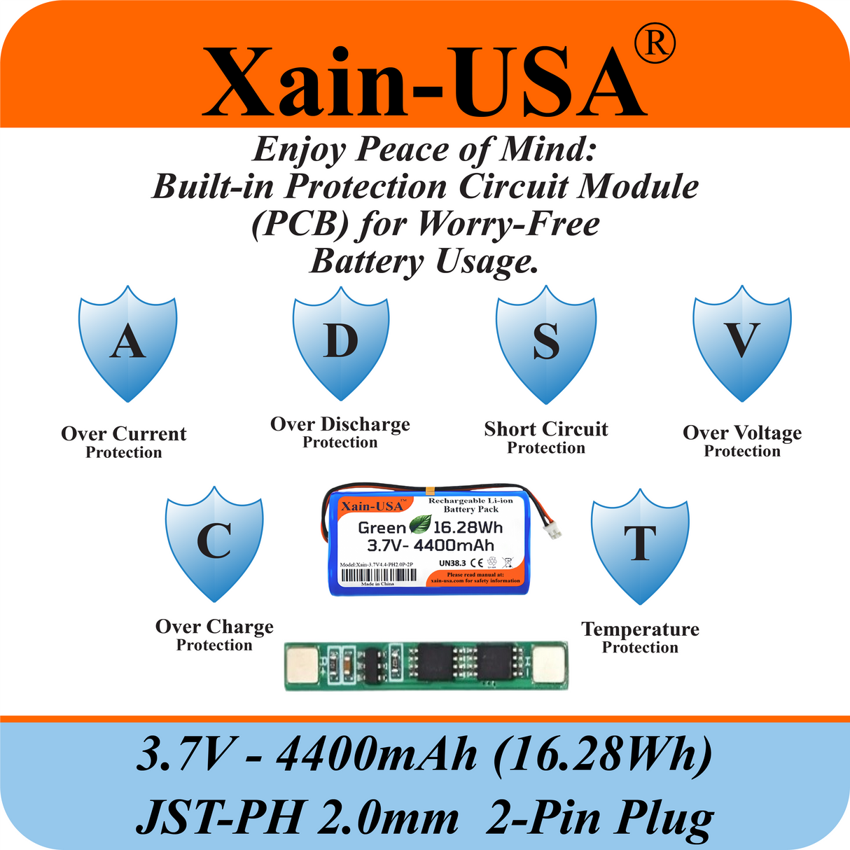 (1-Pack) 3.7V 4400mAh Li-ion Rechargeable Battery Pack with JST-PH2.0 2-Pin Connector for Electronics, LED Lighting, Low-Drain Devices, Outdoor Lights, Toys, GPS, Speakers, Fire Alarm
