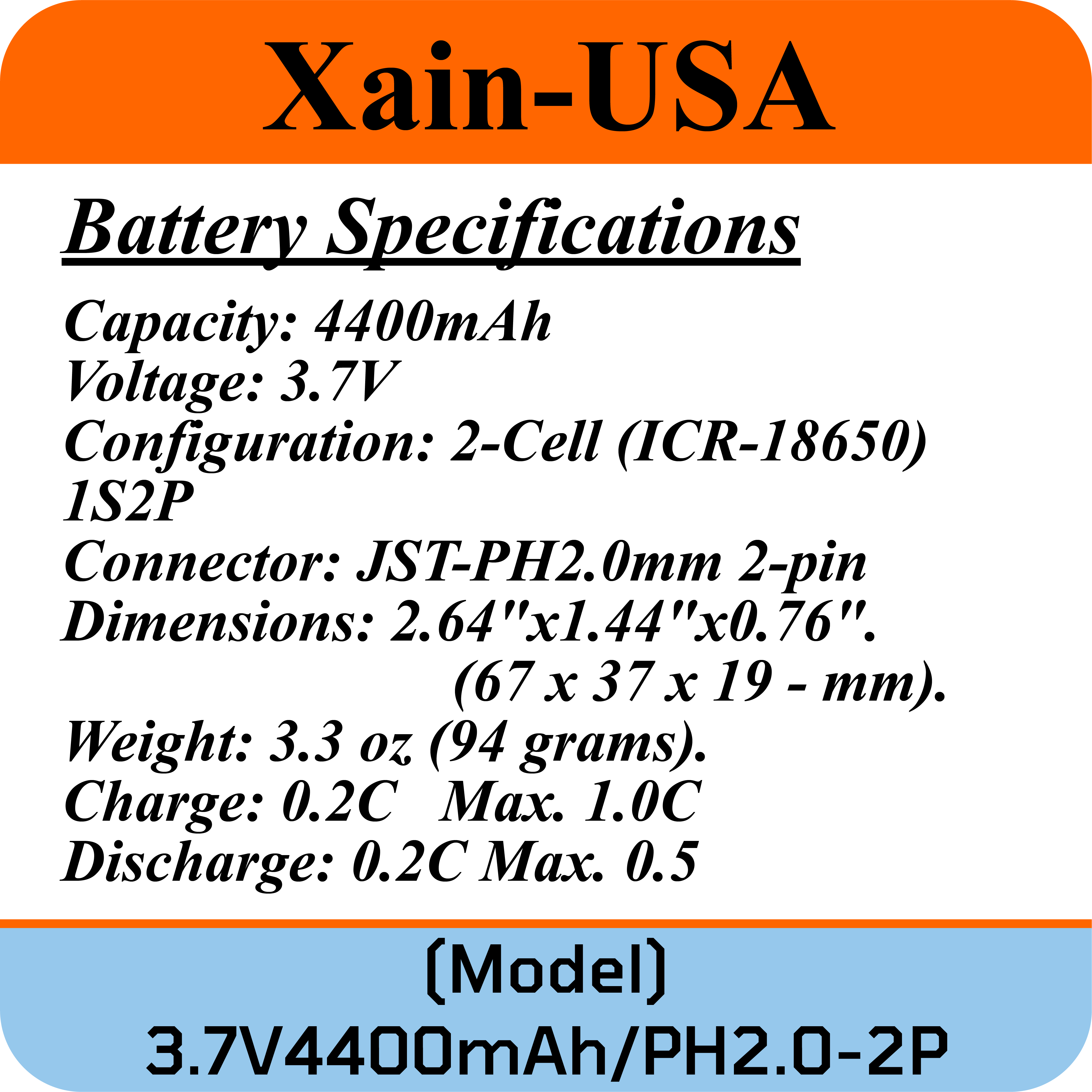 3.7V 4400mAh 1S2P Rechargeable Li-ion Battery Pack Replacement, 16.28Wh, with JST-PH2.0mm 2-pin Interface Female Connector