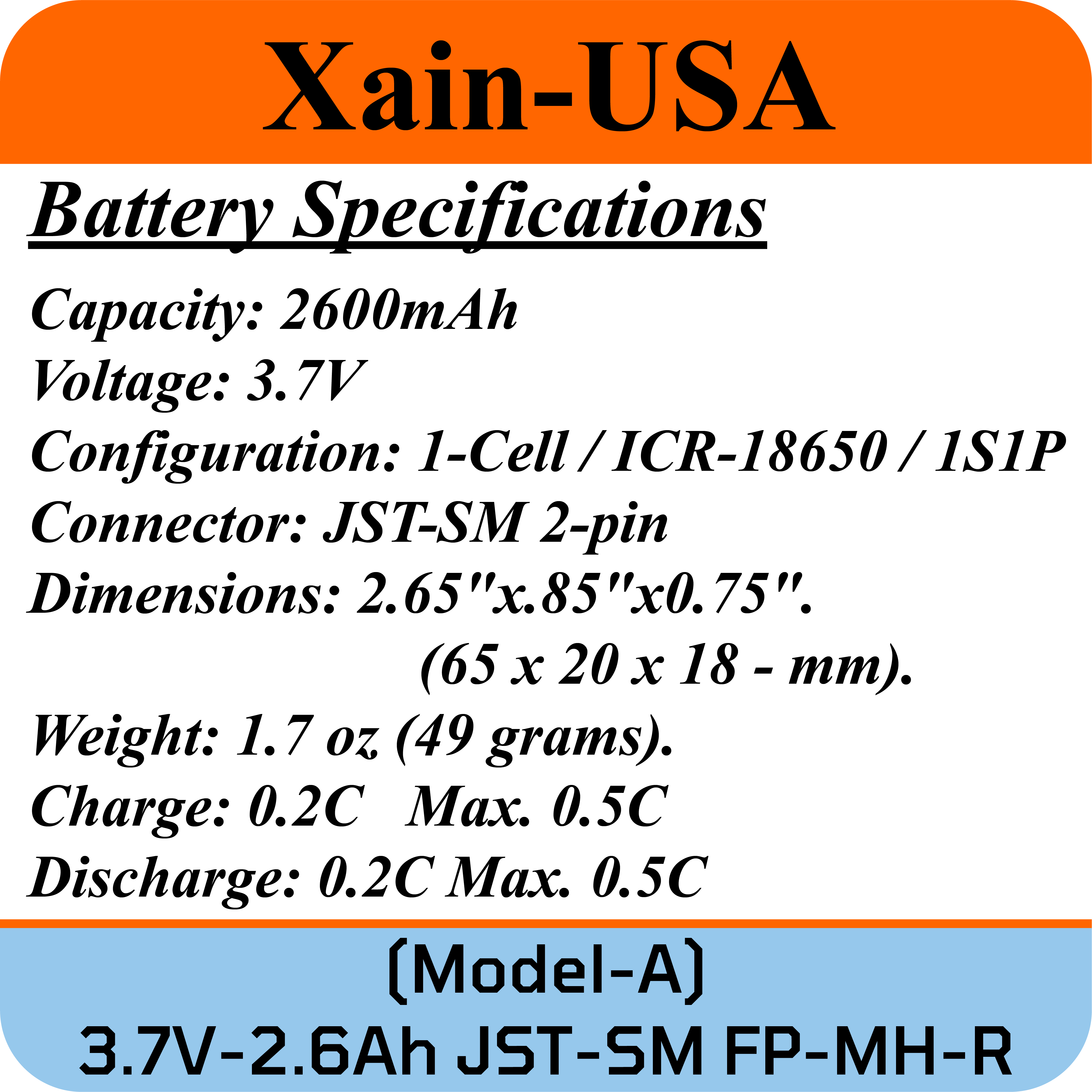 3.7V 2600mAh 1S1P 18650 Li-ion Battery with JST-SM 2 pin plug.