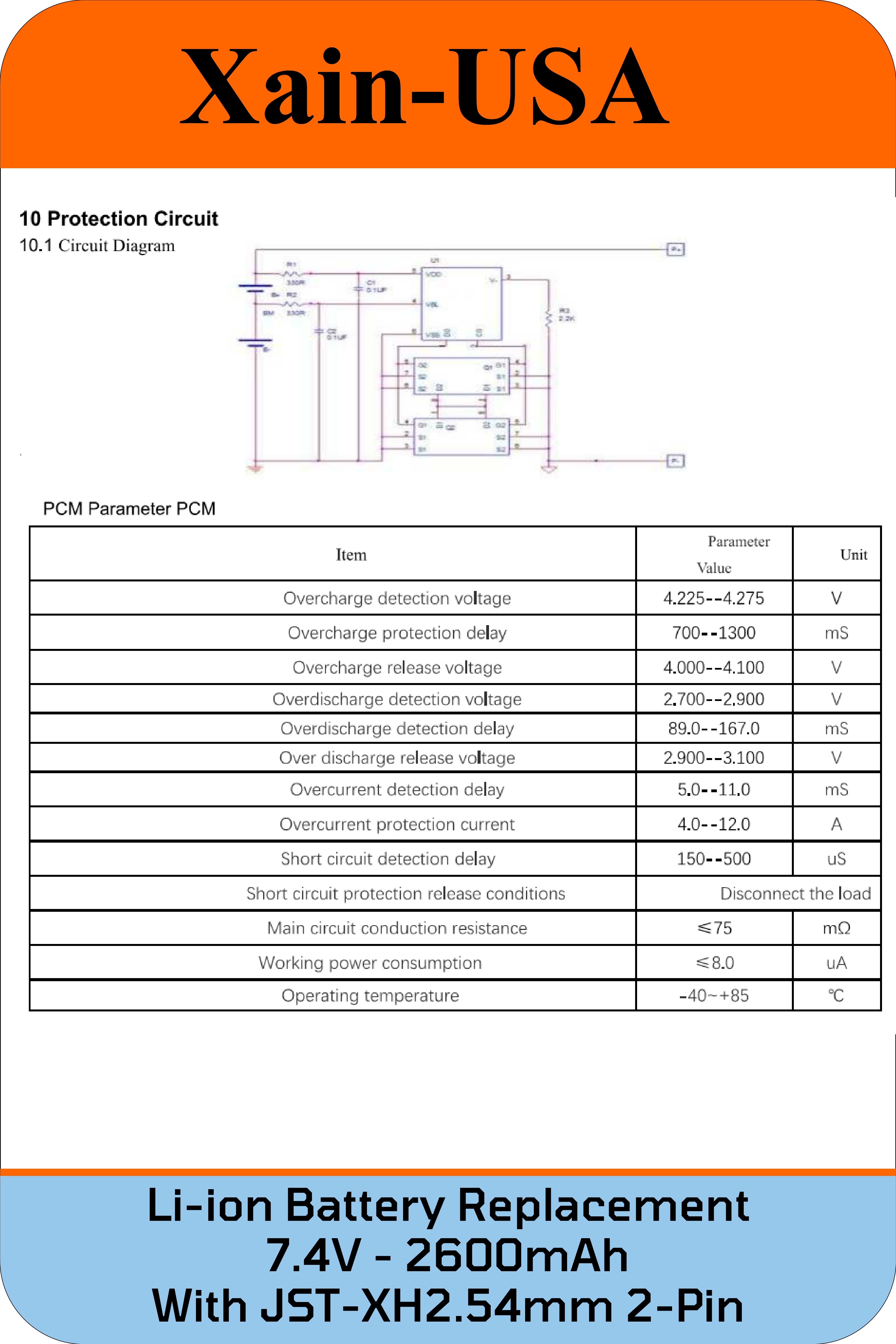 7.4V 2600mAh JST-XH 2-Pin