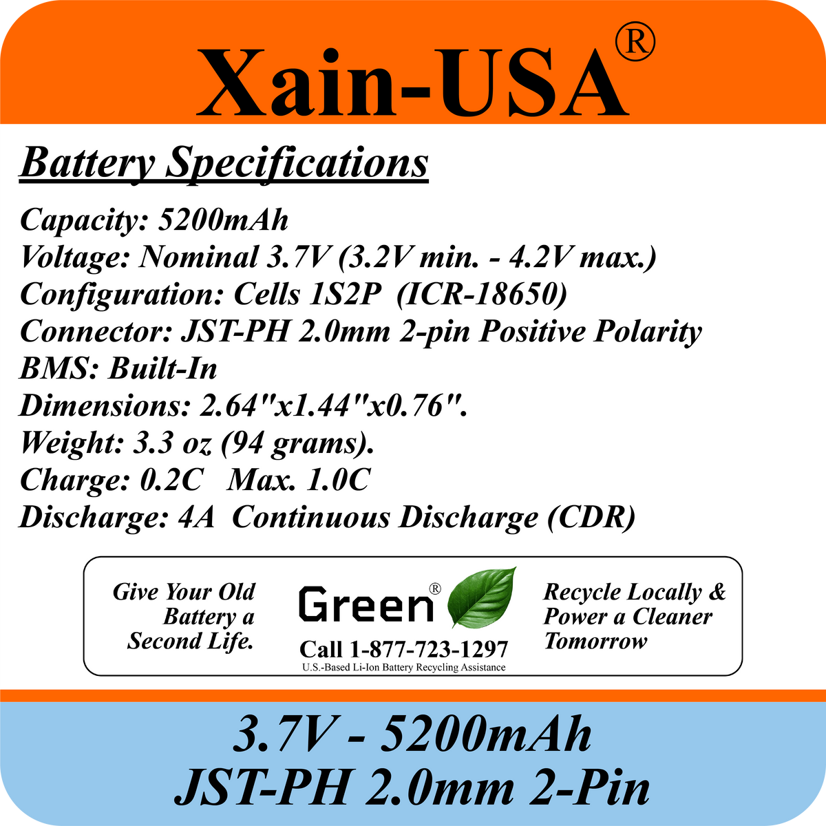 Premium 1S2P 3.7V 5200mAh / High Drain / Li-ion Battery Pack / with JST-PH 2-pin Plug / Supports 4A Continuous Discharge / Ideal for Bluetooth speakers, toys, lighting, and electronics.