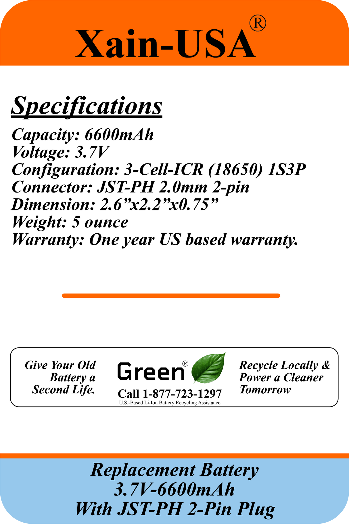 3.7V 6600mAh JST-PH 2.0