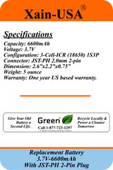 3.7V 6600mAh JST-PH 2.0