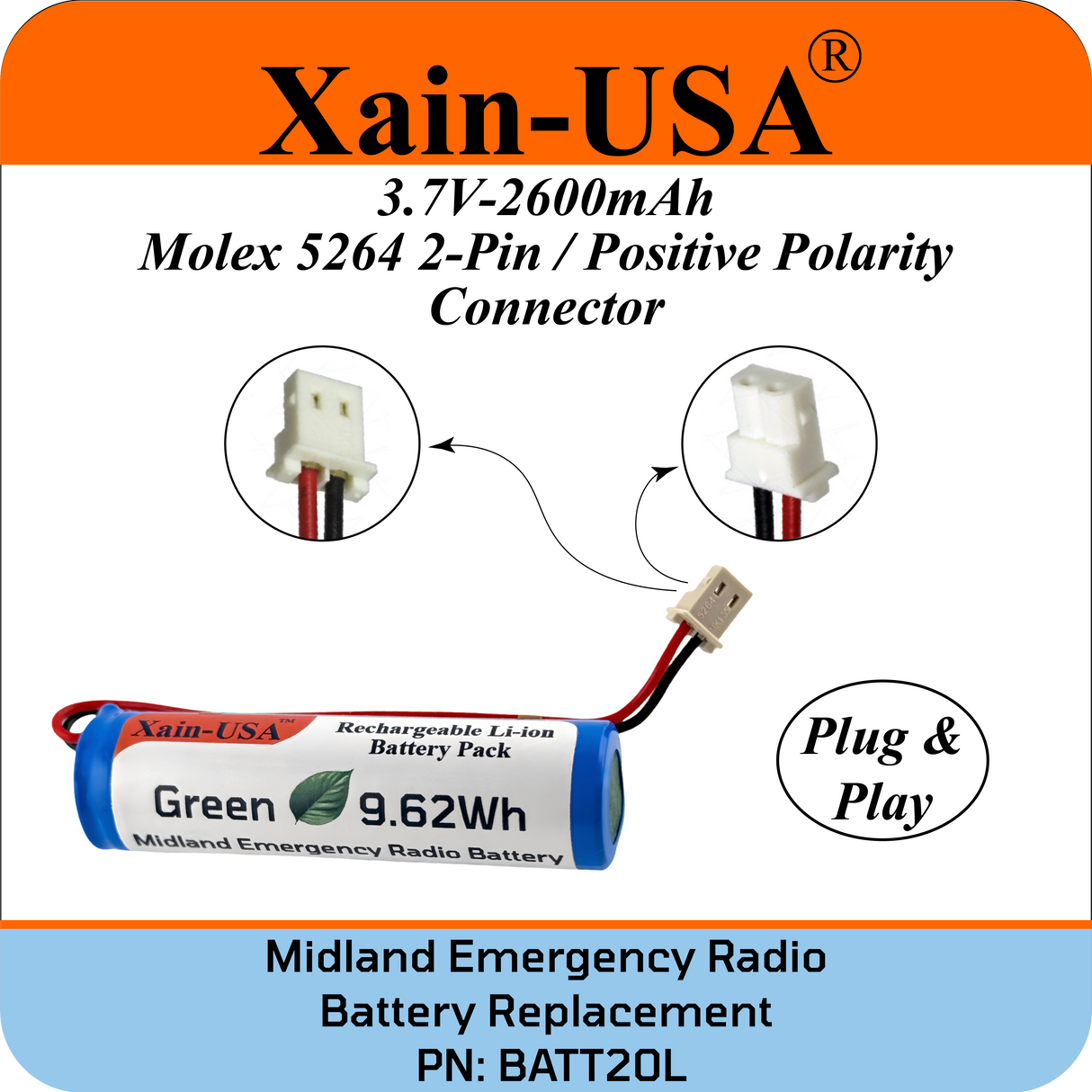 (2-Pack) PN: BATT20L Replacement Battery for Midland Emergency Radio ER200, ER300, ER210 (1st Gen), ER310 (1st Gen) – 2600mAh Li-ion, Future Xain-Xtra 1000+ Cycle Cell