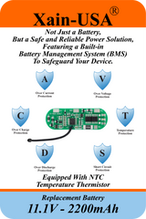 (5-Amp) 11.1V 2200mAh Rechargeable Li-ion Battery Pack | JST-XH 2-Pin Connector | Built-in BMS Protection and NTC Temperature Sensor