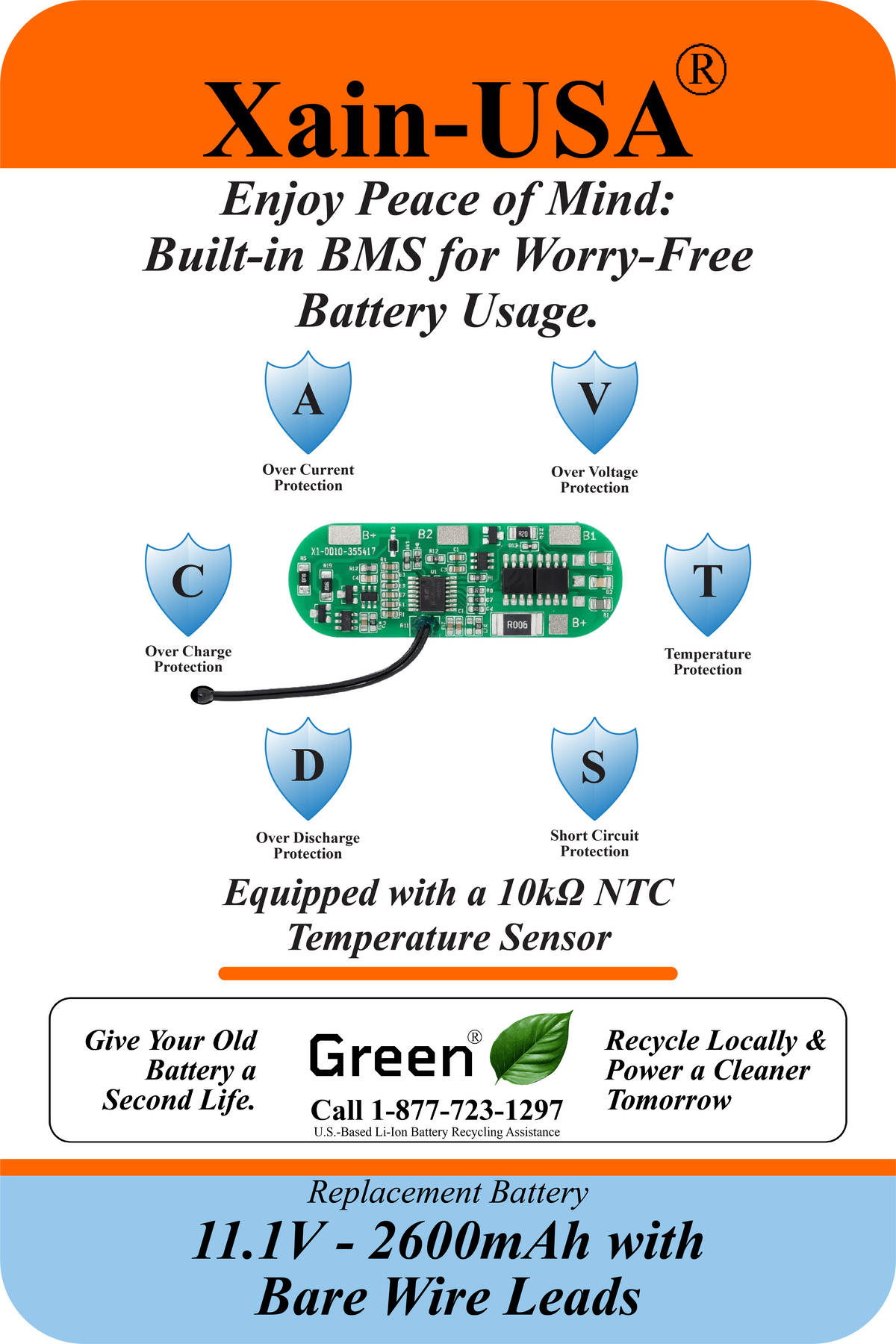 UL2054 Certified, 11.1V 2600mAh Li-ion Battery, 5A Cont., Bare Wire Leads