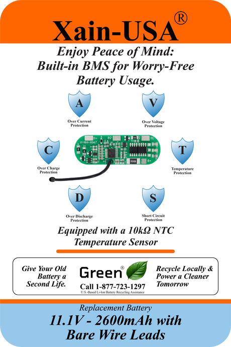 UL2054 Certified, 11.1V 2600mAh Li-ion Battery, 5A Cont., Bare Wire Leads