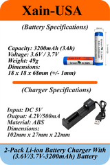 2-Pack: (Charger + 3.7V, 3200mAh Li-ion Rechargeable Battery). Ideal for flashlights, solar lights, torches, toys, radios, and other electronic devices.