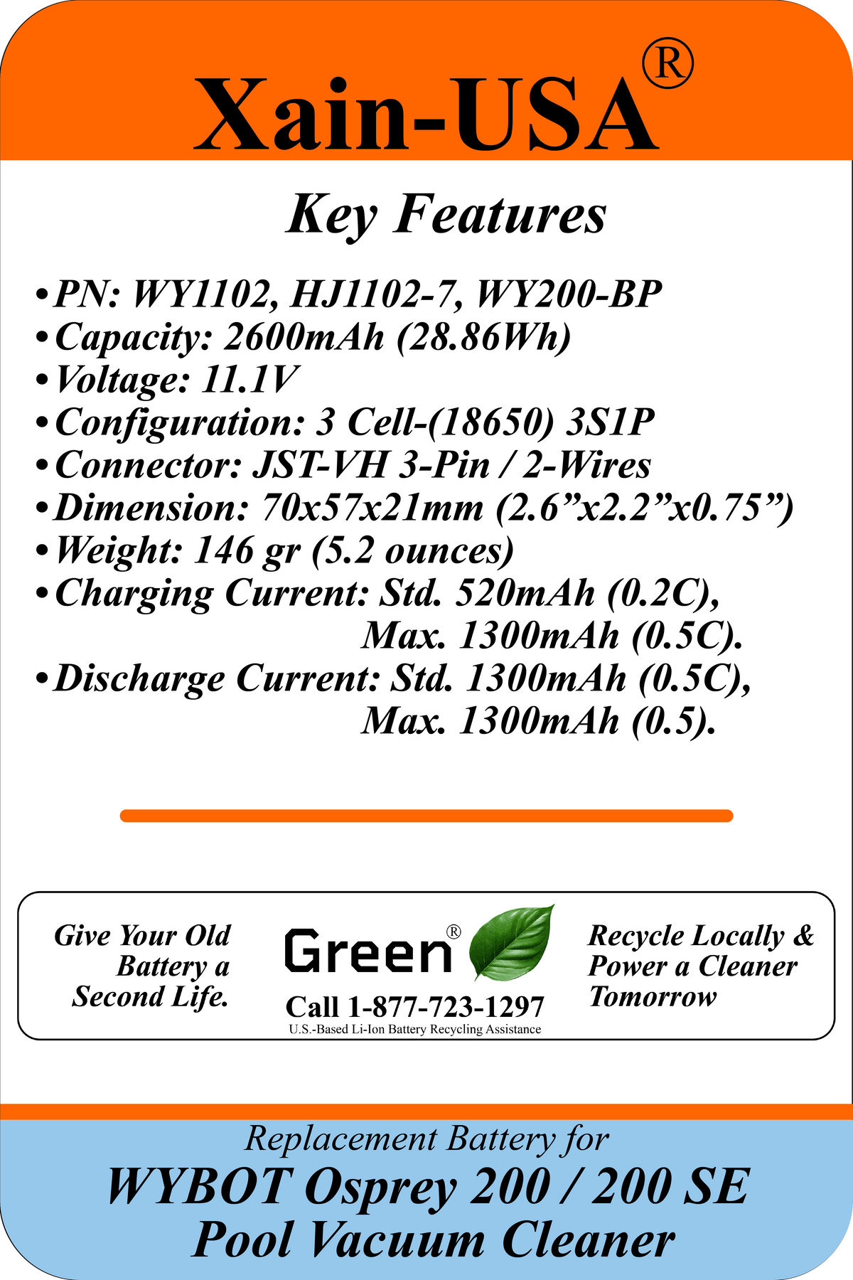 2600mAh Replacement Battery for WYBOT Osprey 200 / 200 SE Pool Vacuum | WY1102, HJ1102-7, WY200-BP | 11.1V 3S1P | JST-VH 3-Pin 2-Wire | BMS + NTC
