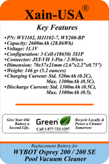 2600mAh Replacement Battery for WYBOT Osprey 200 / 200 SE Pool Vacuum | WY1102, HJ1102-7, WY200-BP | 11.1V 3S1P | JST-VH 3-Pin 2-Wire | BMS + NTC