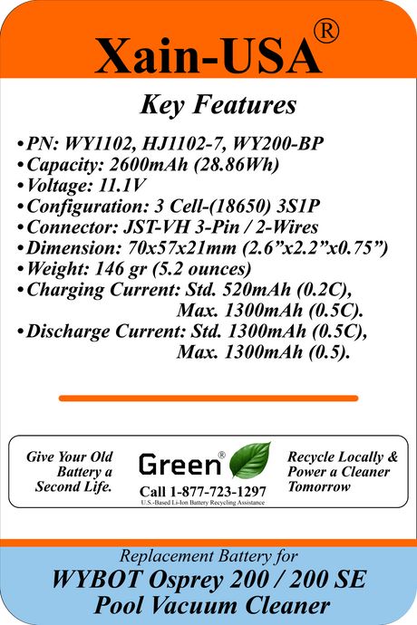 2600mAh Replacement Battery for WYBOT Osprey 200 / 200 SE Pool Vacuum | WY1102, HJ1102-7, WY200-BP | 11.1V 3S1P | JST-VH 3-Pin 2-Wire | BMS + NTC