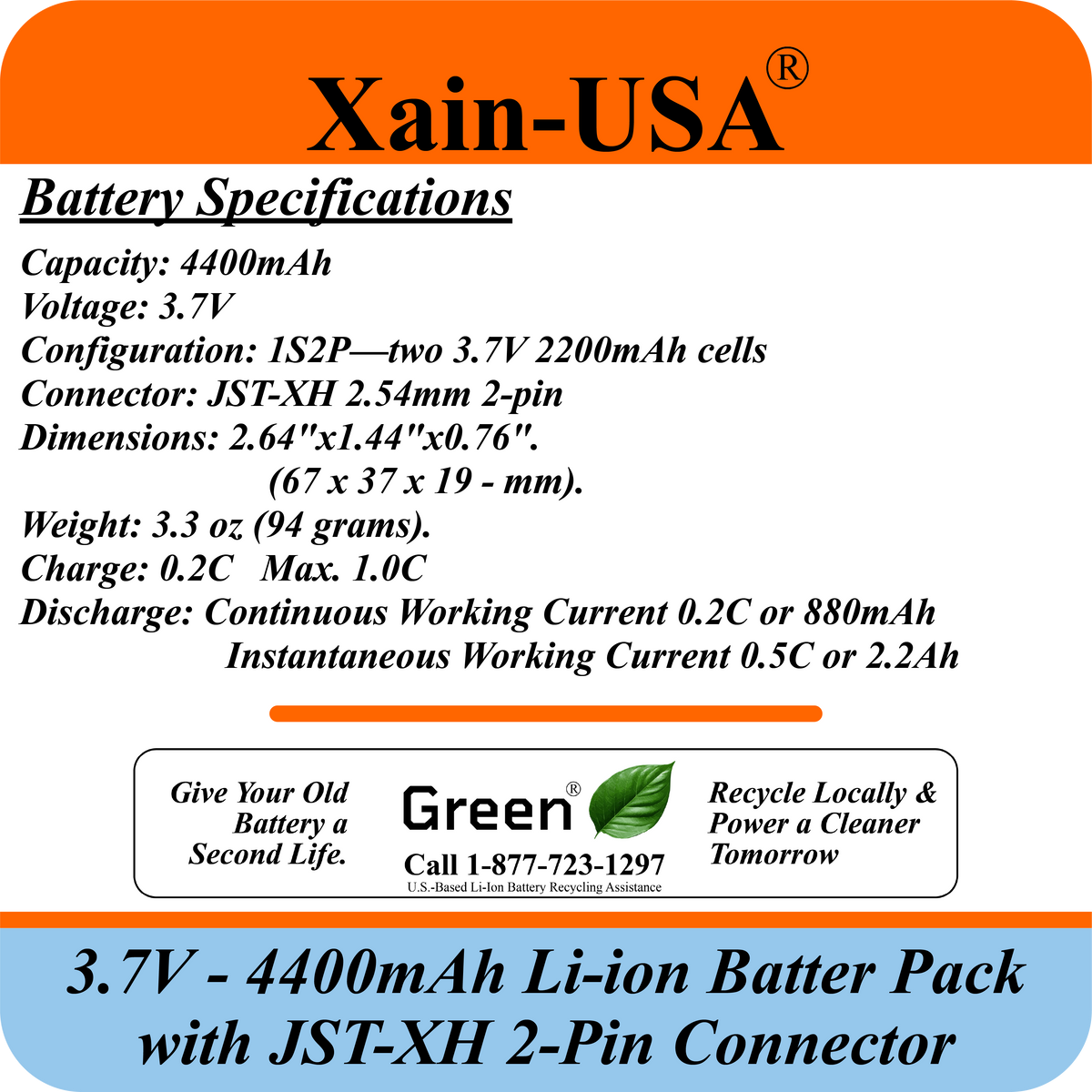 Xain-USA 3.7V 4400mAh Li-ion Battery Pack - JST-XH 2-Pin, Built-in BMS