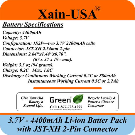 Xain-USA 3.7V 4400mAh Li-ion Battery Pack - JST-XH 2-Pin, Built-in BMS