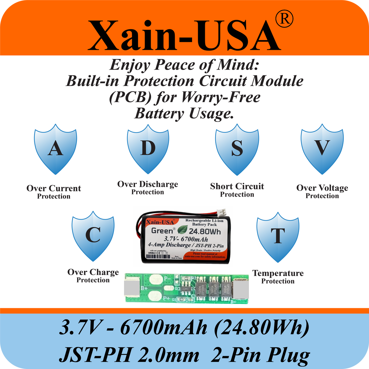 1S2P High-Capacity High-Drain 3.7V - 6700mAh Li-ion Battery Pack, with JST-PH 2-Pin Plug, 152% more power than 4400mAh, for Electronics, Solar Lights, GPS, Meshtastic Solar Node Project, Speakers