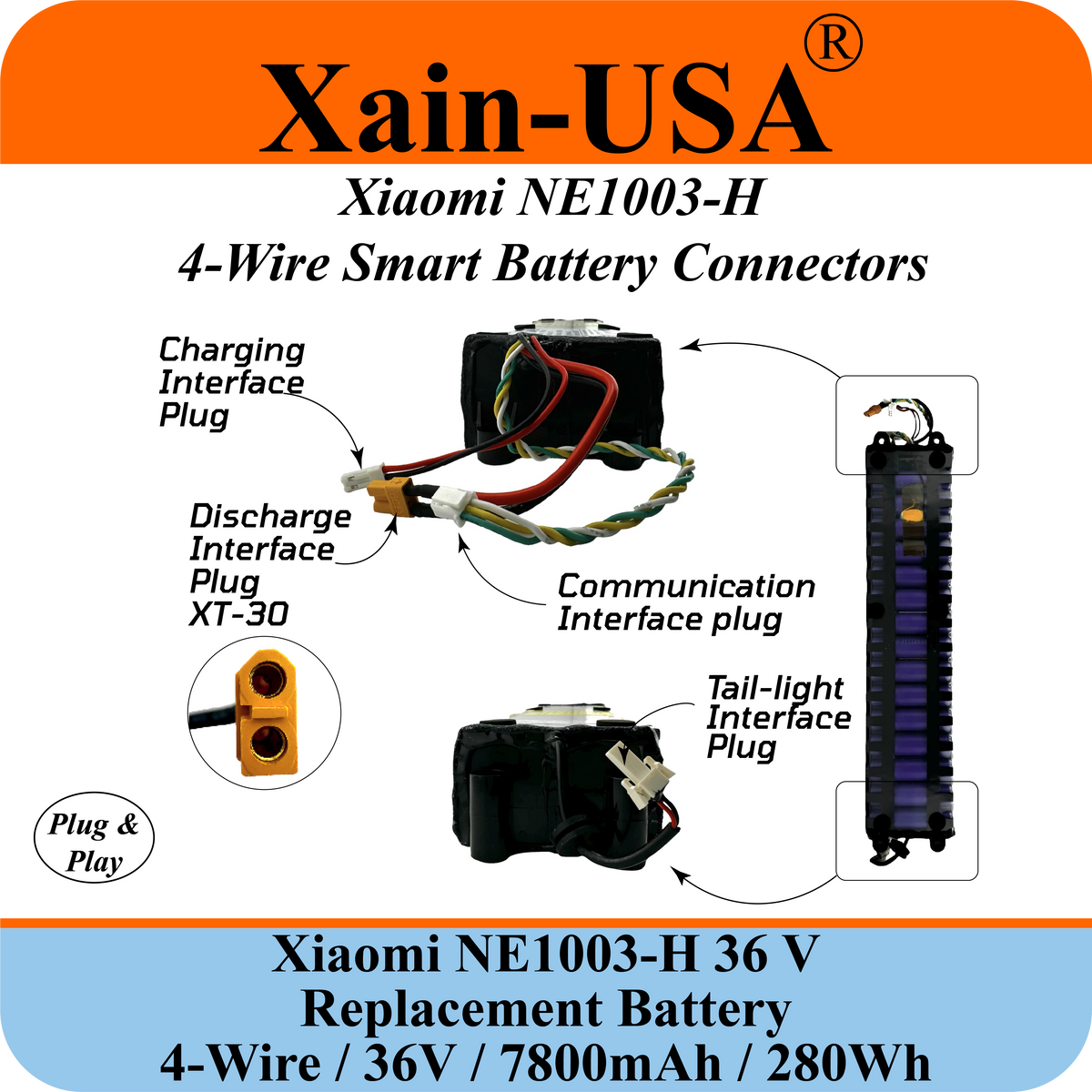 Replacement Battery For Xiaomi M365 PN: NE1003-H (36V 7800mAh, 280Wh) with Built-in Communication Protocol. Please See Our Catalog for Xiaomi Scooter Compatibility List.