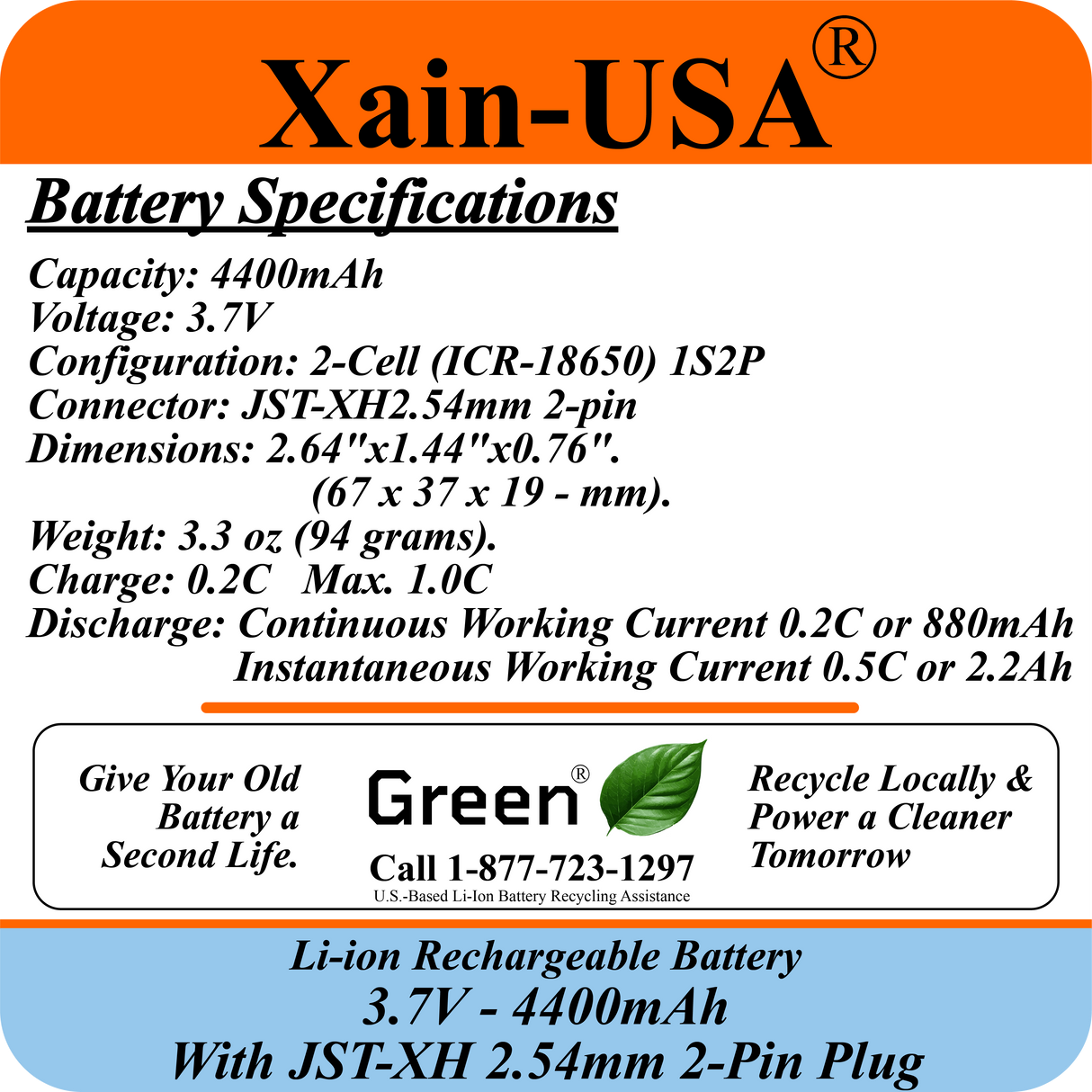 3.7V 4400mAh Li-ion Replacement Battery with JST-XH 2P 2.54mm Connector for Ortizan 24W Bluetooth Speaker IPX7, RC Toys, Lighting, DIY Equipment