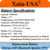 (2-Pack) Replacement Battery for Ortizan 24W Bluetooth Speaker IPX7 – 3.7V 4400mAh 16.28Wh Li-ion Rechargeable Pack with JST-XH 2P 2.54mm Connector