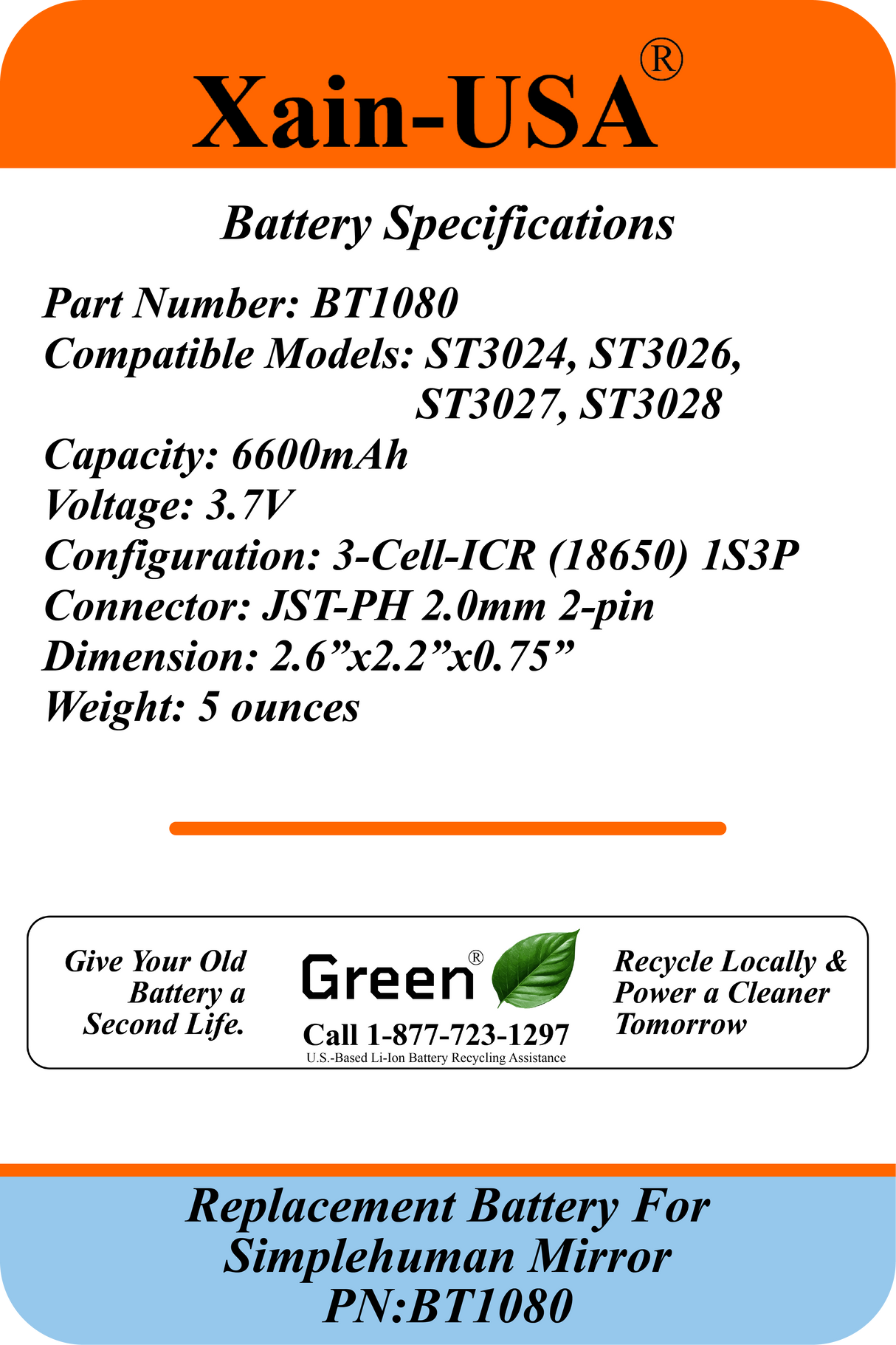 Replacement Battery PN: BT1080 for Simplehuman Mirrors (ST3024 ST3026 ST3027 ST3028) | 3.7V 6600mAh | Please Verify Part Number and Connector Before Purchase