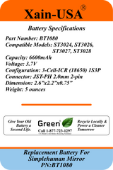 Replacement Battery PN: BT1080 for Simplehuman Mirrors (ST3024 ST3026 ST3027 ST3028) | 3.7V 6600mAh | Please Verify Part Number and Connector Before Purchase