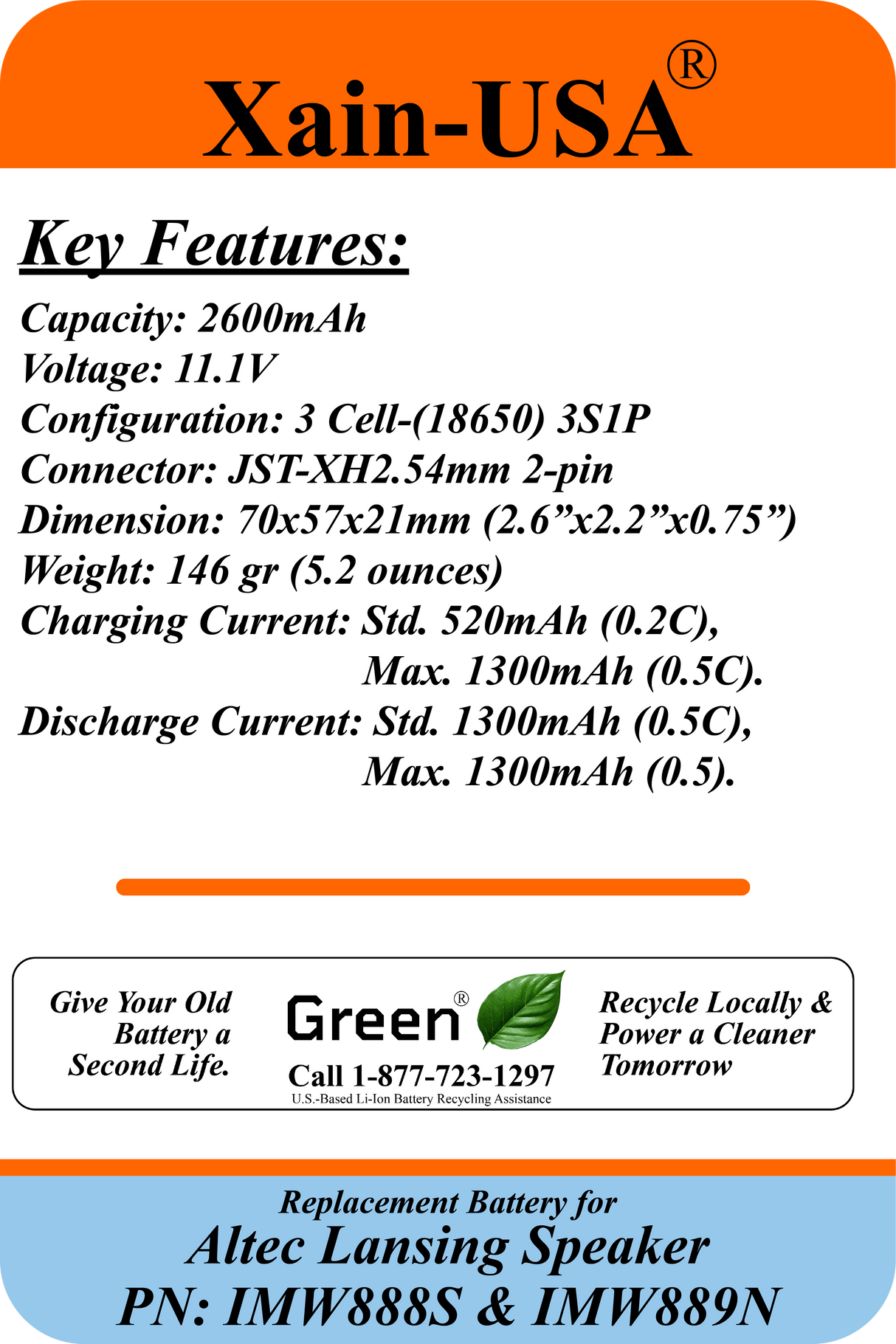 11.1V 2600mAh JST-XH 2.54 for Altec Lansing Speakers