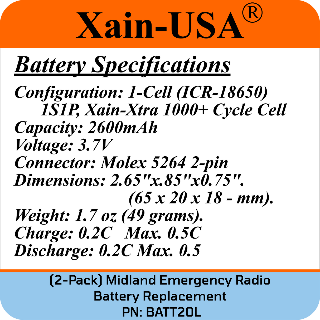 (2-Pack) PN: BATT20L Replacement Battery for Midland Emergency Radio ER200, ER300, ER210 (1st Gen), ER310 (1st Gen) – 2600mAh Li-ion, Future Xain-Xtra 1000+ Cycle Cell