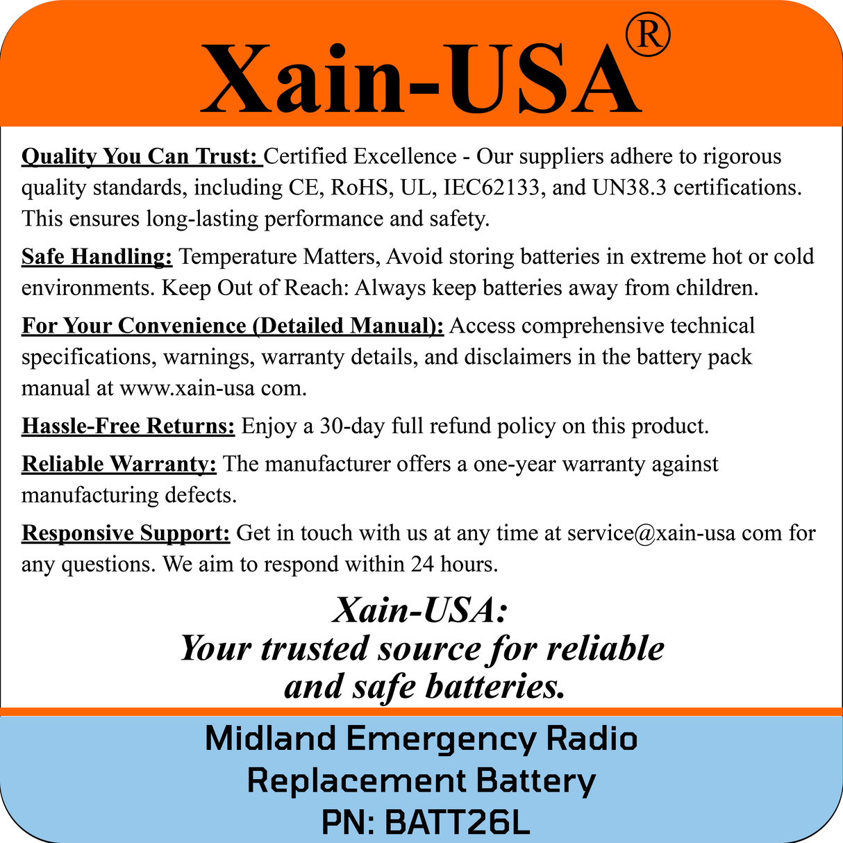 Long Lasting 3200mAh Replacement Battery for Midland Emergency Radio ER210/ER310 (2nd Gen) / PN: BATT26L.