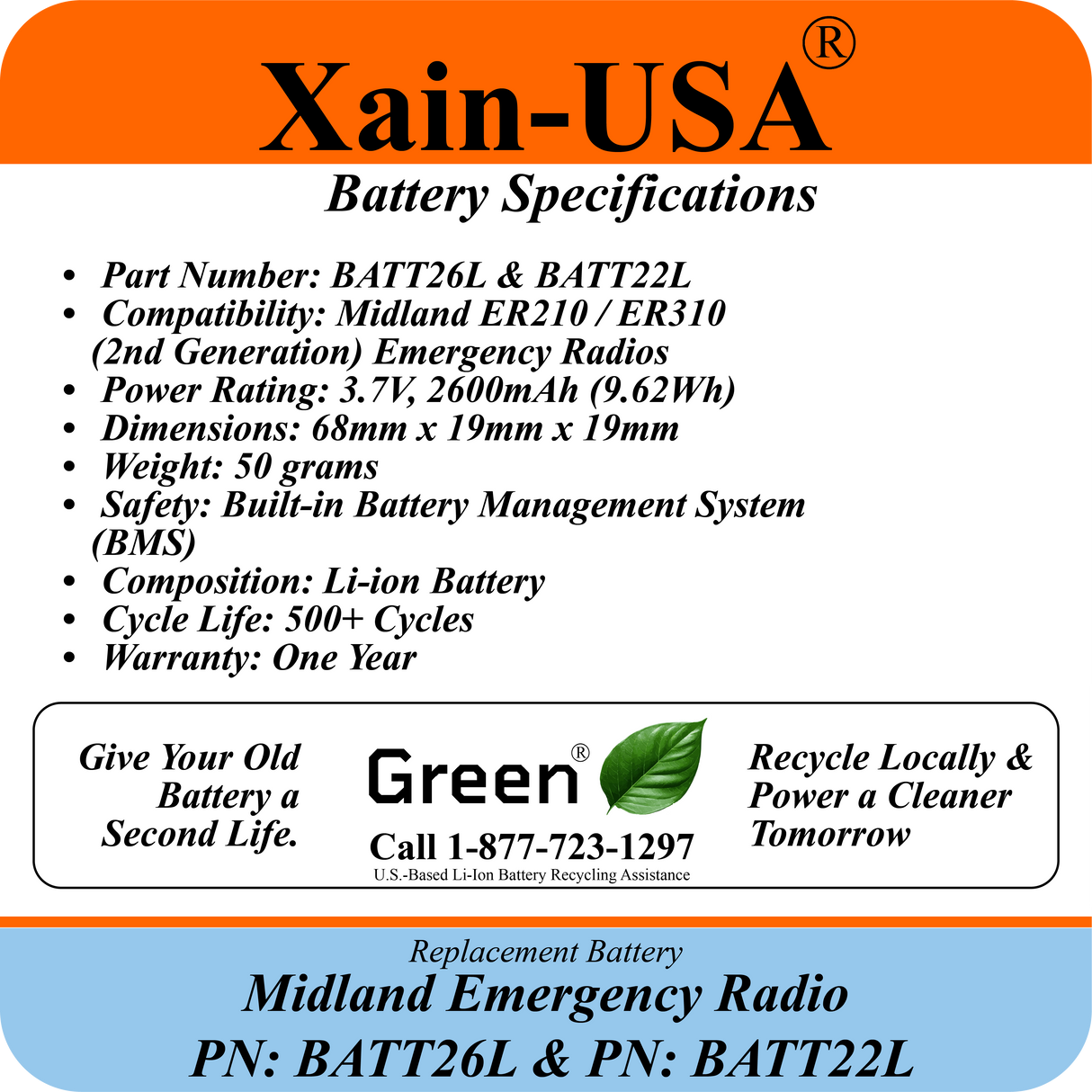 Battery Replacement for Midland ER210/ER310 (2nd Gen.)  / PN: BATT26L and PN:BATT22L / 2600mAh / with Built-in BMS