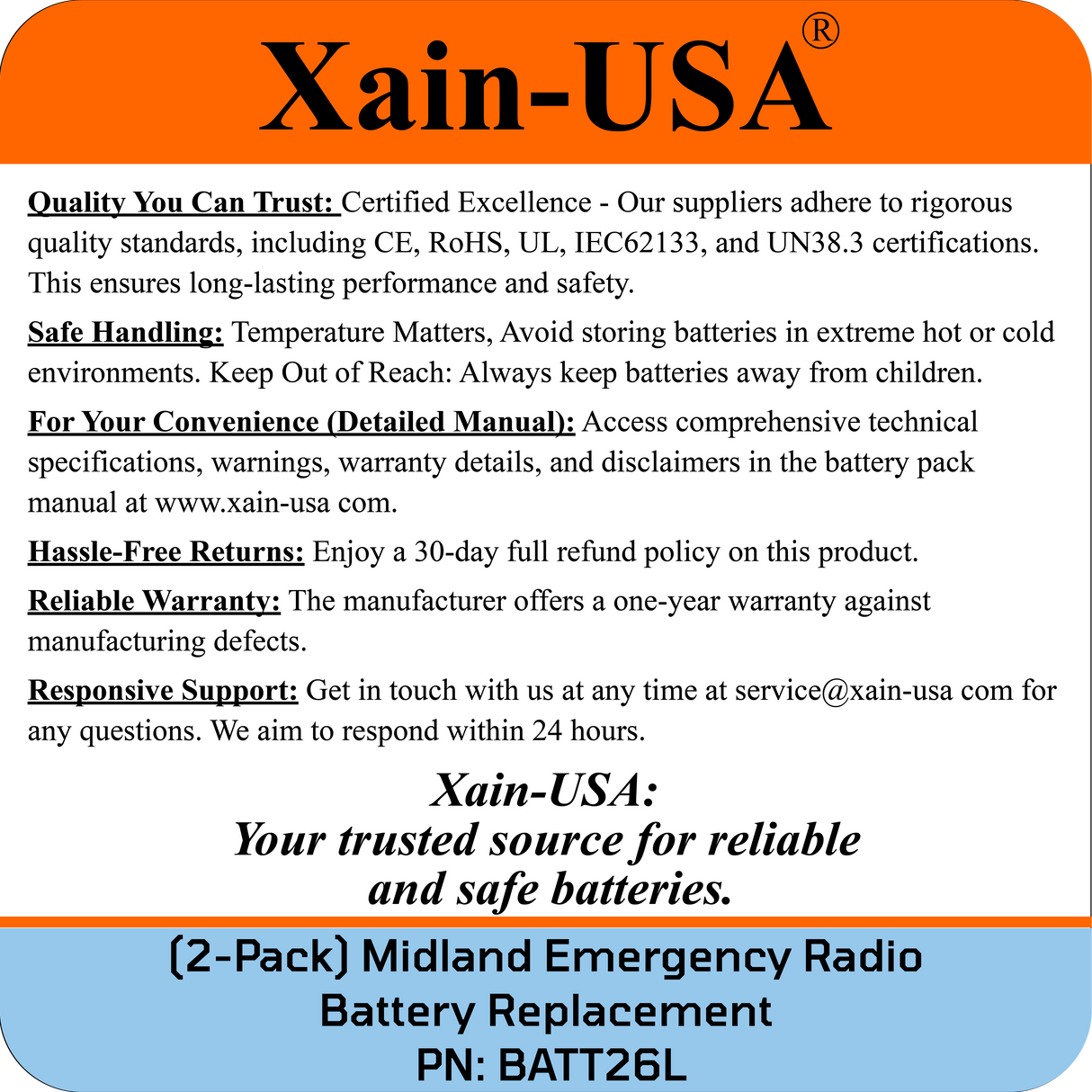 (2-Pack) Replacement Battery for Midland Emergency Radio ER210 (2nd Gen.) & ER310 (2nd Gen.)  PN: BATT26L 2600mAh