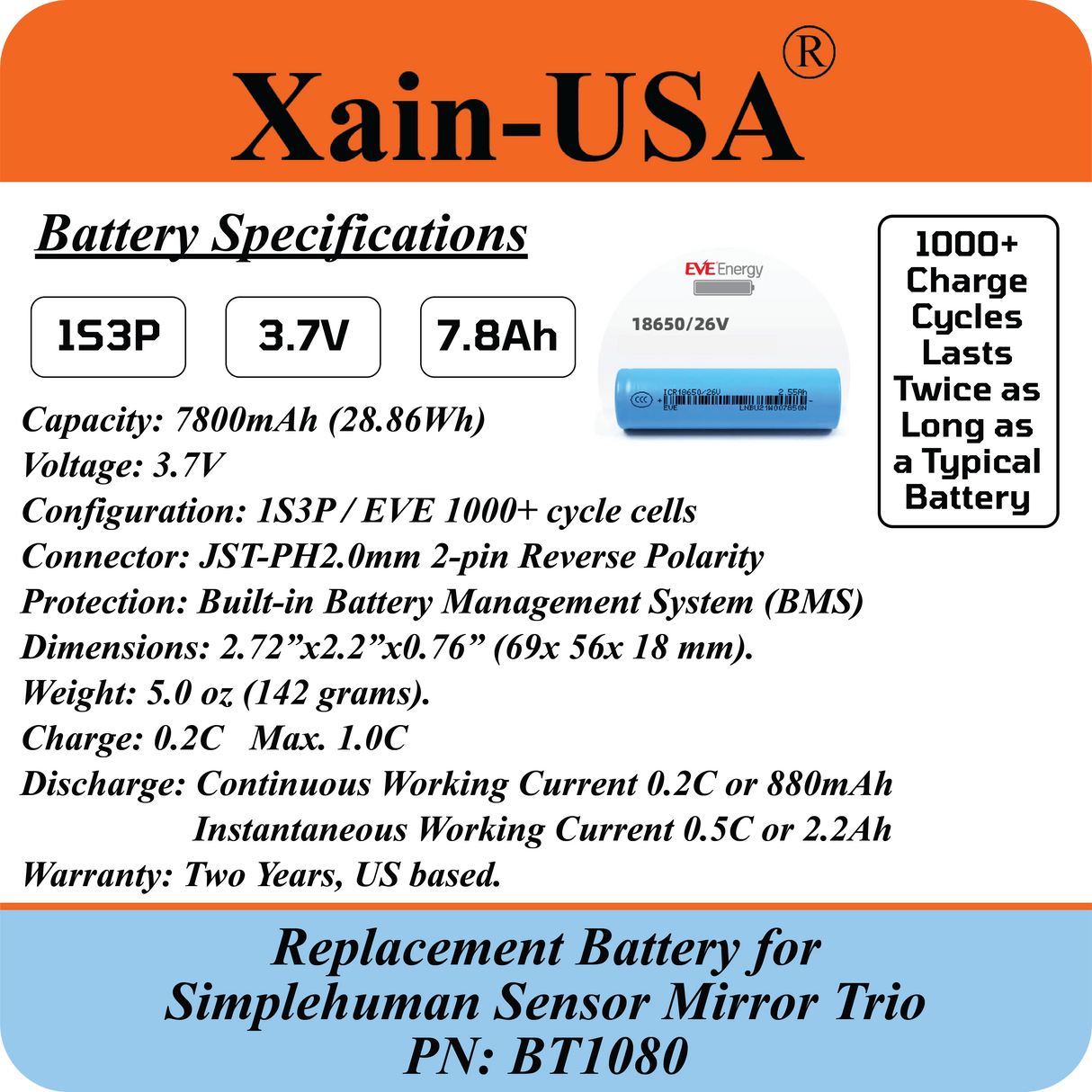 7800mAh ULTRA-CAPACITY Replacement Battery for Simplehuman PN:BT1080 Model: ST3024 Sensor Mirror Trio, 3.7V Rechargeable Li-ion Pack, Built with Xain-Xtra Cells for 1000+ Cycles, Twice the Lifespan of Standard Cells