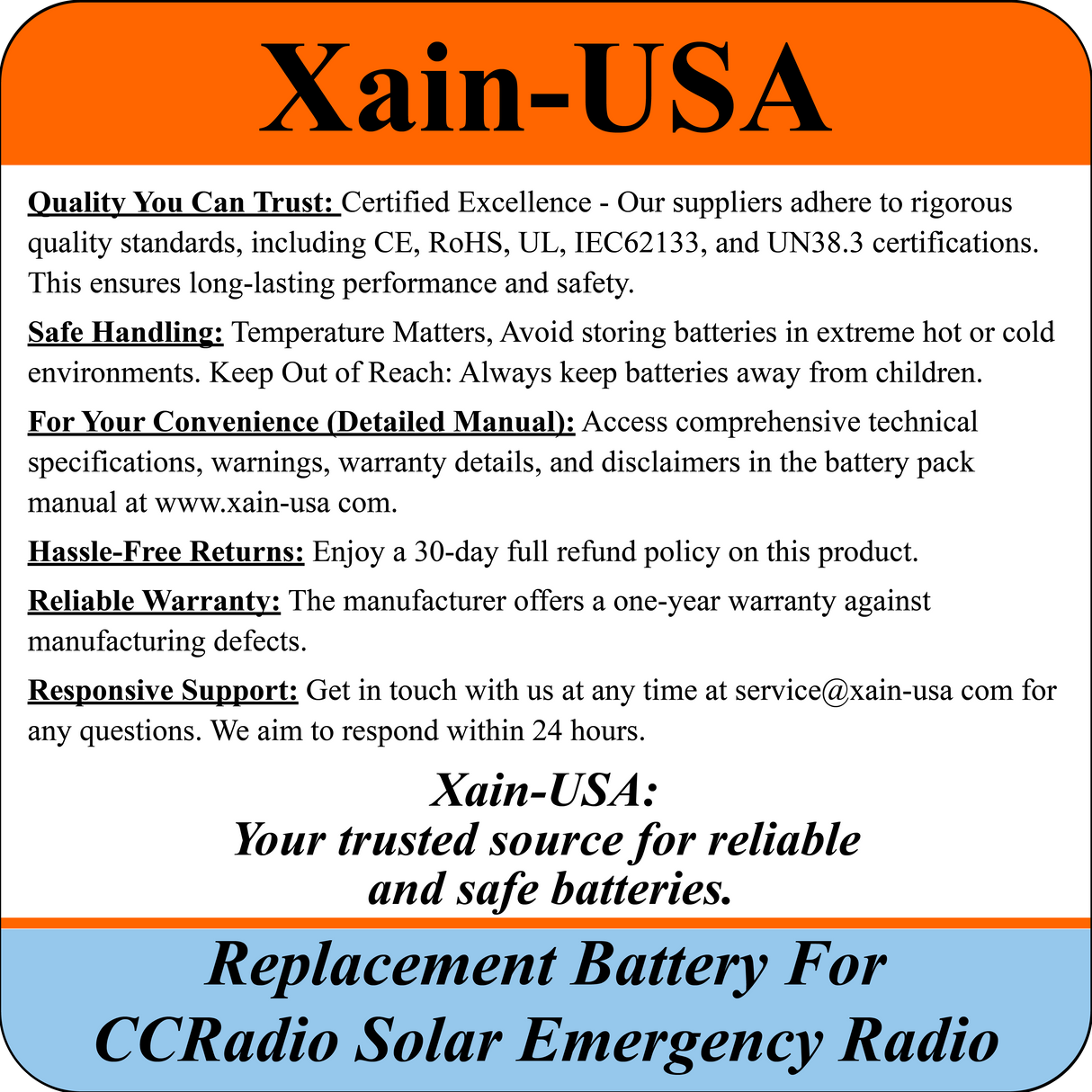 Replacement battery for the CCRadio Solar AM/FM/Weather Emergency Radio, Protected 3.7V Li-ion 3400mAh.