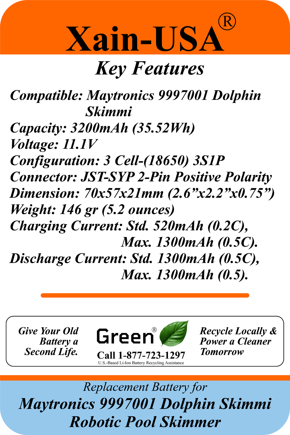 11.1V 3200mAh Replacement Battery for Maytronics 9997001 Dolphin Skimmi Robotic Pool Skimmer, Maytronics P/N 5651200-ASSY, with Built-in BMS and NTC Temperature Sensor