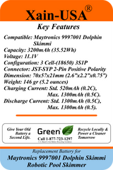 11.1V 3200mAh Replacement Battery for Maytronics 9997001 Dolphin Skimmi Robotic Pool Skimmer, Maytronics P/N 5651200-ASSY, with Built-in BMS and NTC Temperature Sensor