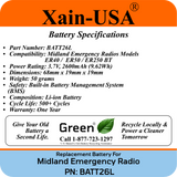 Replacement Battery for Midland Emergency Radio Models ER40 ER50 ER250BT  (PN: BATT26L) 2600mAh.