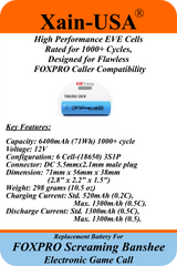 (Xain-HUNT) Powerful 6400mAh SMART Package replacement battery for FOXPRO PN: Lith/CHG & PN: 34318 / fits: Banshee, Hellfire, Krakatoa-ii, Screaming Banshee, Shockwave, Snow Commando, X1 X24 X2S Xwave