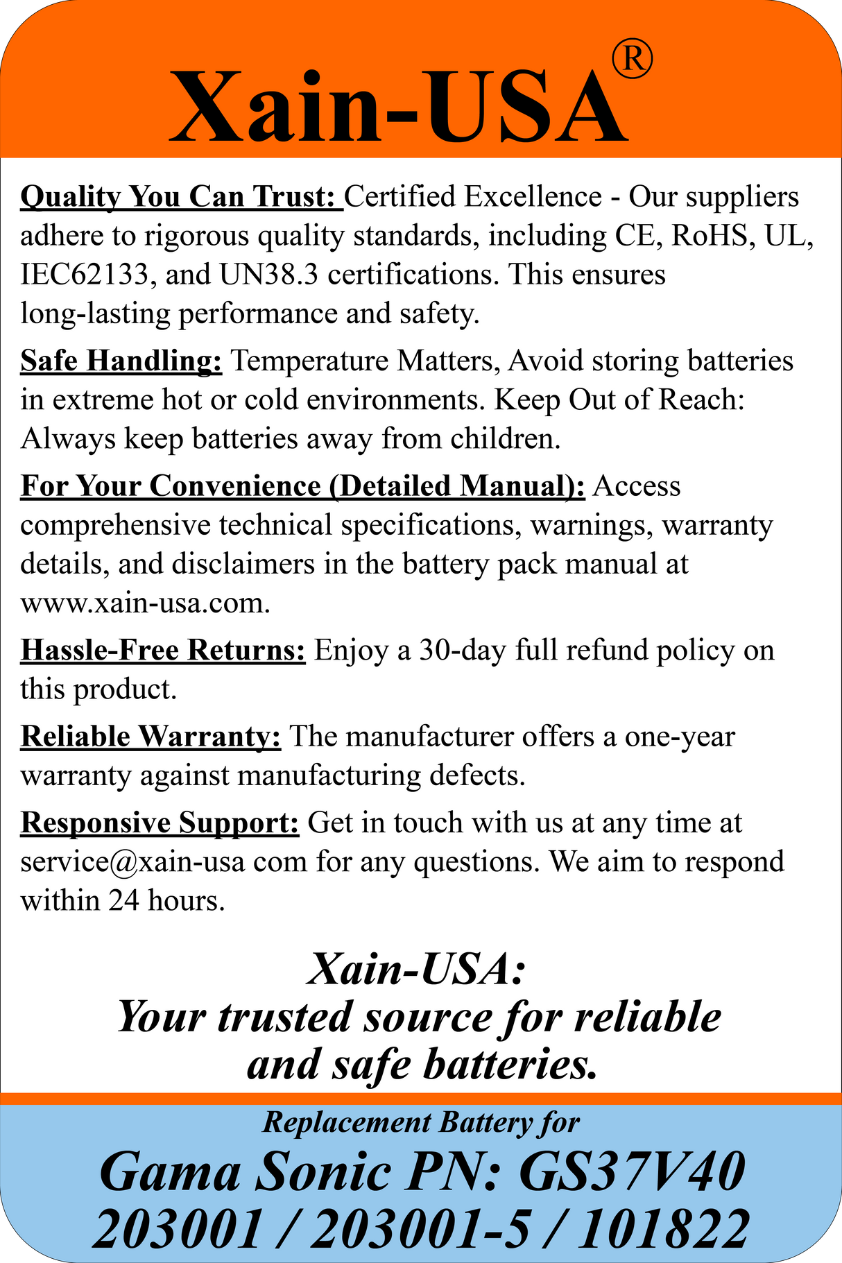 Replacement Battery for Gama Sonic GS37V40 (3.7V Li-ion, 5200mAh / 19.24Wh) – Compatible with Gama Sonic 101822, 203001, 203001-5 Solar Lights, Ultra High Capacity