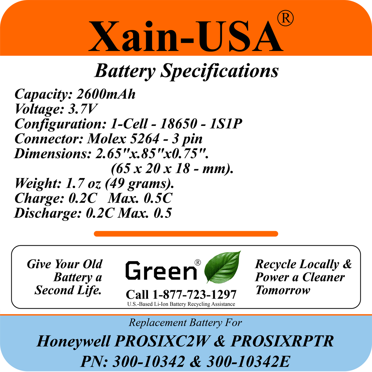 2600mAh Replacement Battery for Honeywell PN: 00-10342 / PROSIXC2W & PROSIXRPTR