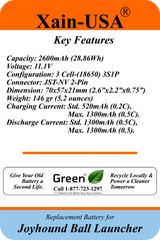 11.1V 2600mAh Replacement Battery for Joyhound Ball Launcher
