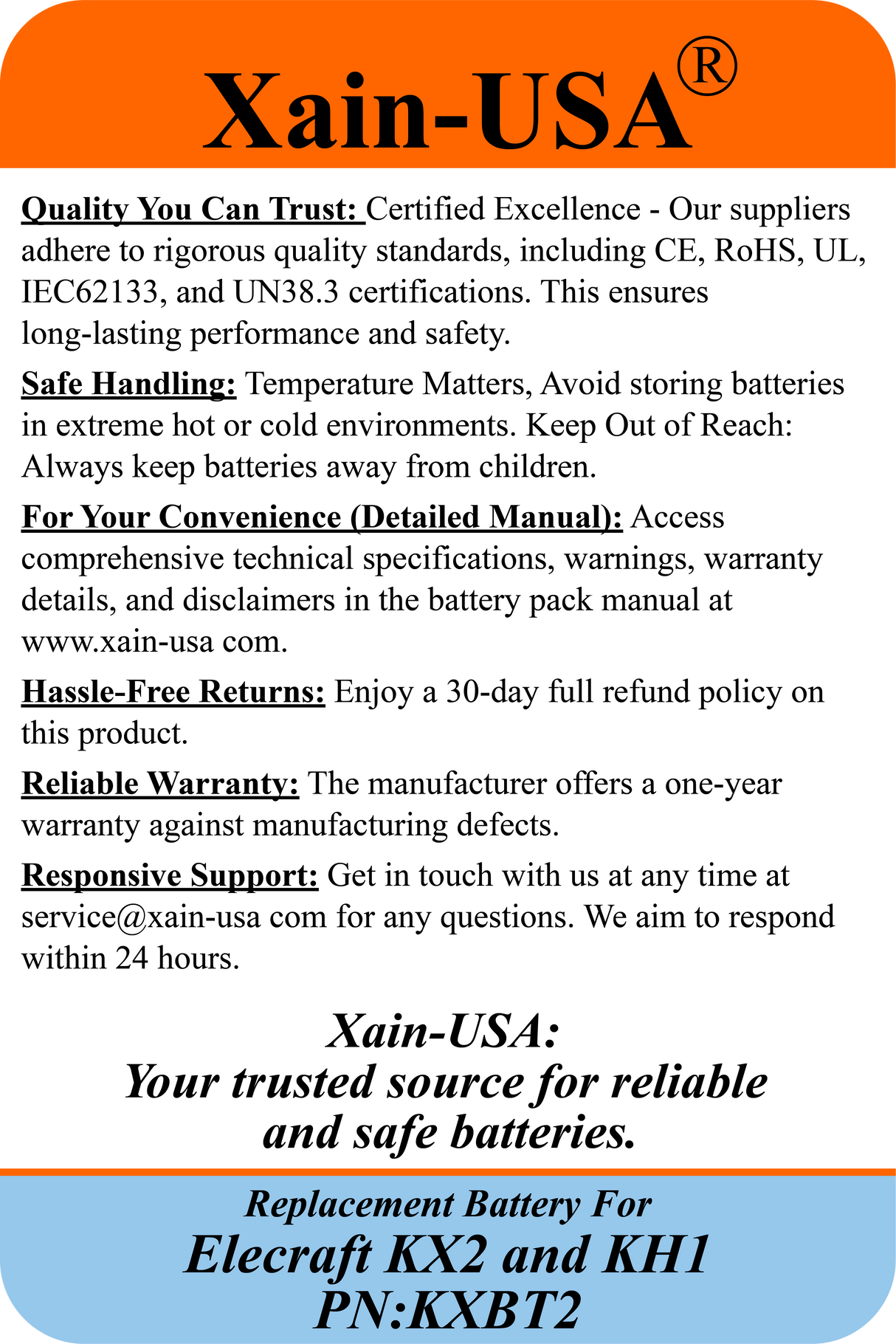 Long-Lasting 3200mAh Rechargeable Li-ion Battery PN: KXBT2 | Direct Replacement for Elecraft KX2 & KH1 | Premium Xain-Xtra Cells, 1000+ Charge Cycles