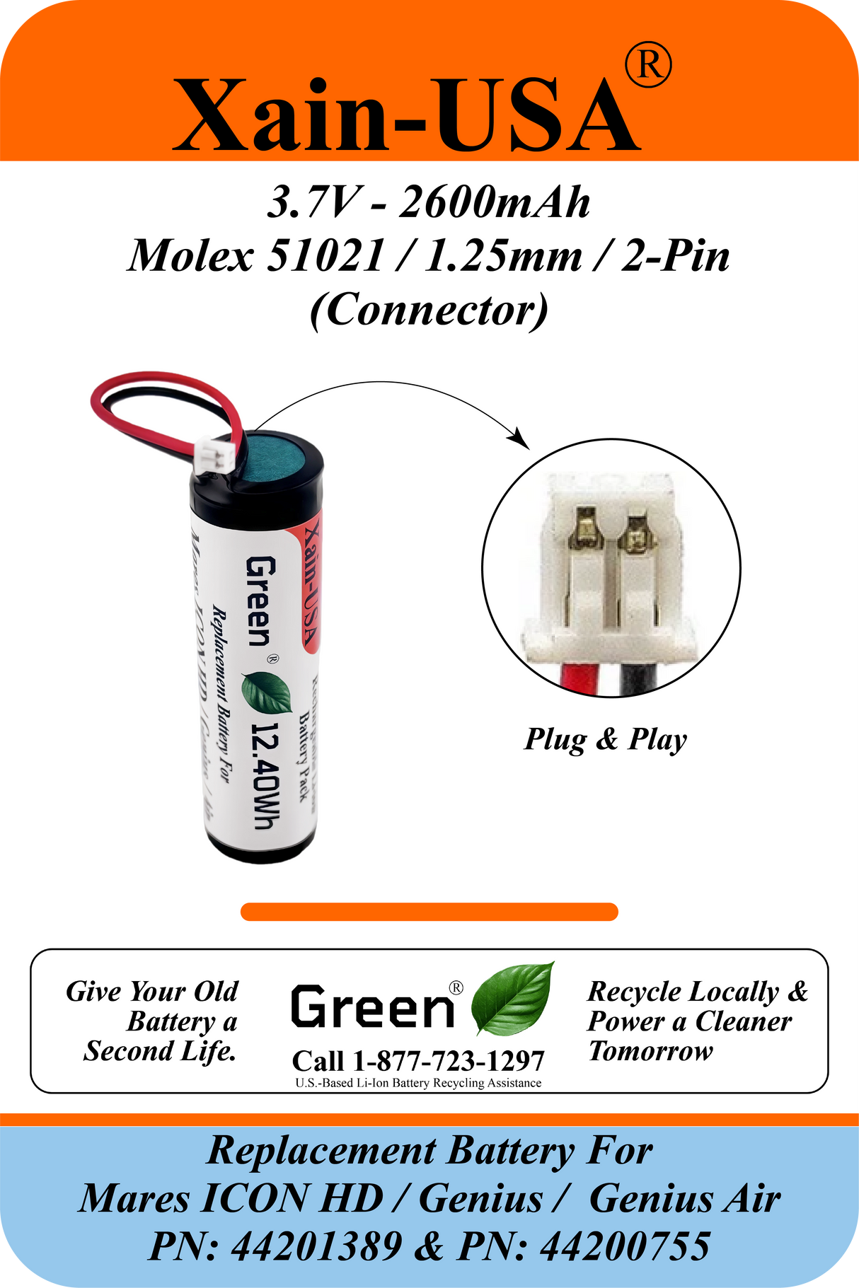 (Xian-DIVE) Premium  3350mAh Replacement Battery for Mares ICON HD / Mares ICON Genius /  Mares Genius Air / PN: 44201389 / PN: 44200755 / 3.7V