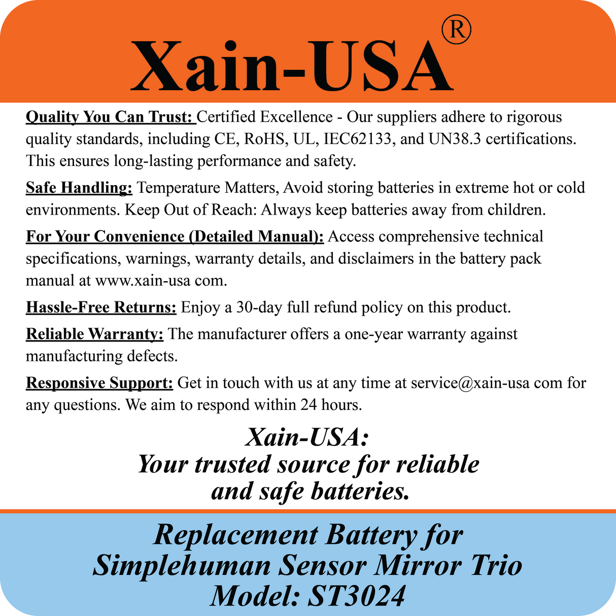7800mAh ULTRA-CAPACITY Replacement Battery for Simplehuman ST3024 Sensor Mirror Trio, 3.7V Rechargeable Li-ion Pack, Built with Xain-Xtra Cells for 1000+ Cycles, Twice the Lifespan of Standard Cells