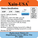 7800mAh ULTRA-CAPACITY Replacement Battery for Simplehuman PN:SH02 Models ST3007 ST3011 & ST3024 Sensor Mirror Trio, 3.7V Rechargeable Li-ion Pack, Built with Xain-Xtra Cells for 1000+ Cycles.