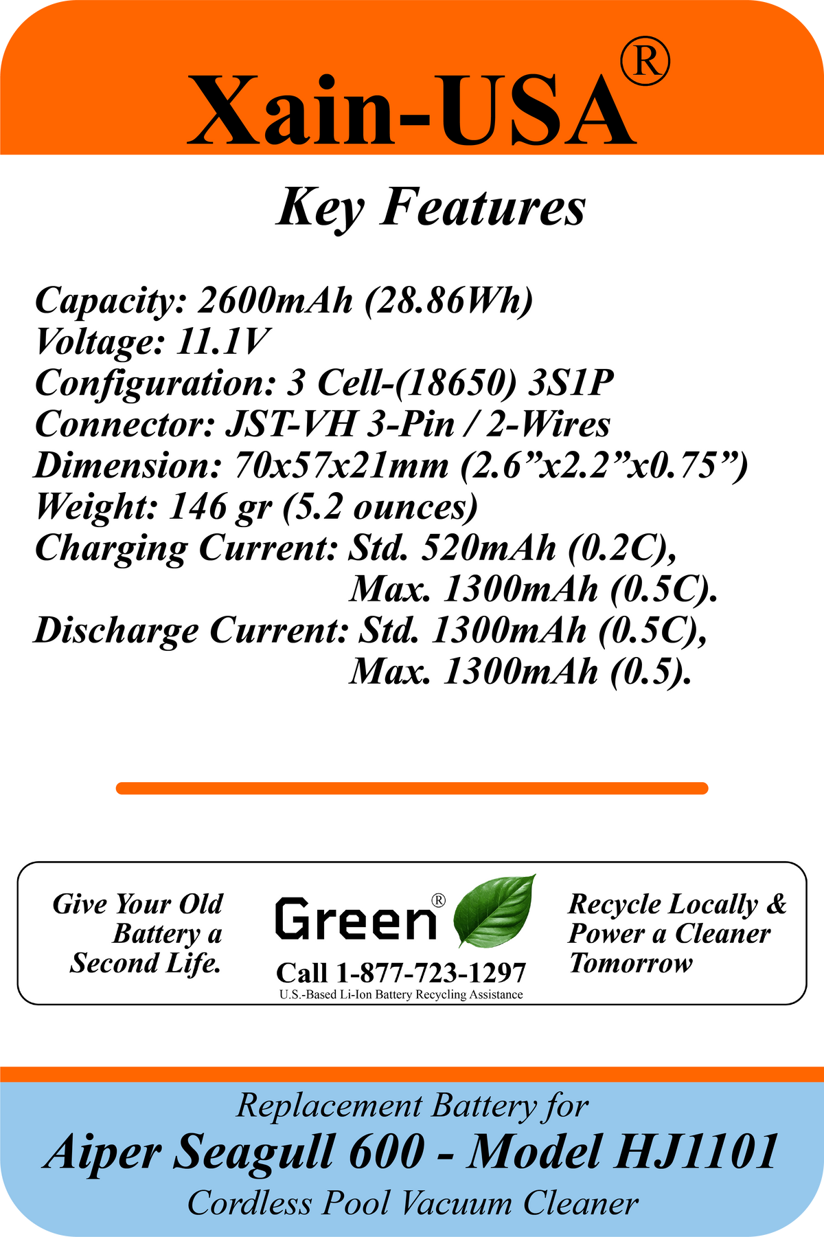 2600mAh Replacement Battery for Aiper Seagull 600 HJ1102 Cordless Pool Vacuum, 11.1V 28.86Wh, Built-in BMS – Check Connector Compatibility Before Ordering