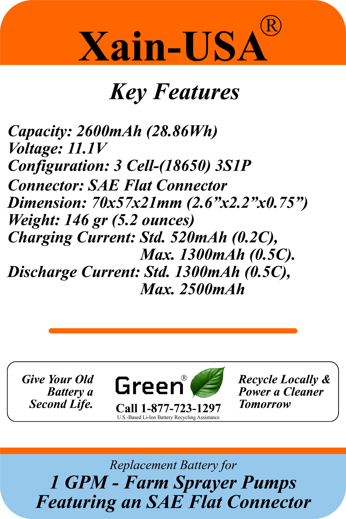 12V 2600mAh Replacement Battery for 1 GPM Farm Sprayers | SAE 2-Pin Connector | 5A Continuous Discharge | Built-in BMS