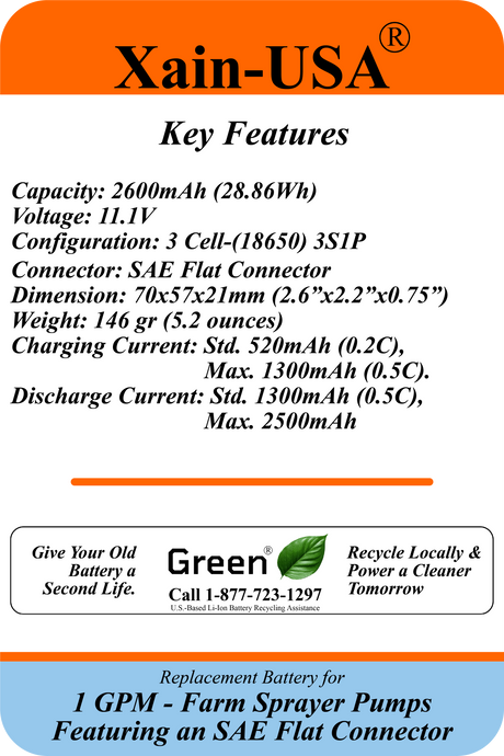1 GPM Farm Sprayer Battery — 2600mAh, SAE 2-Pin, 5A