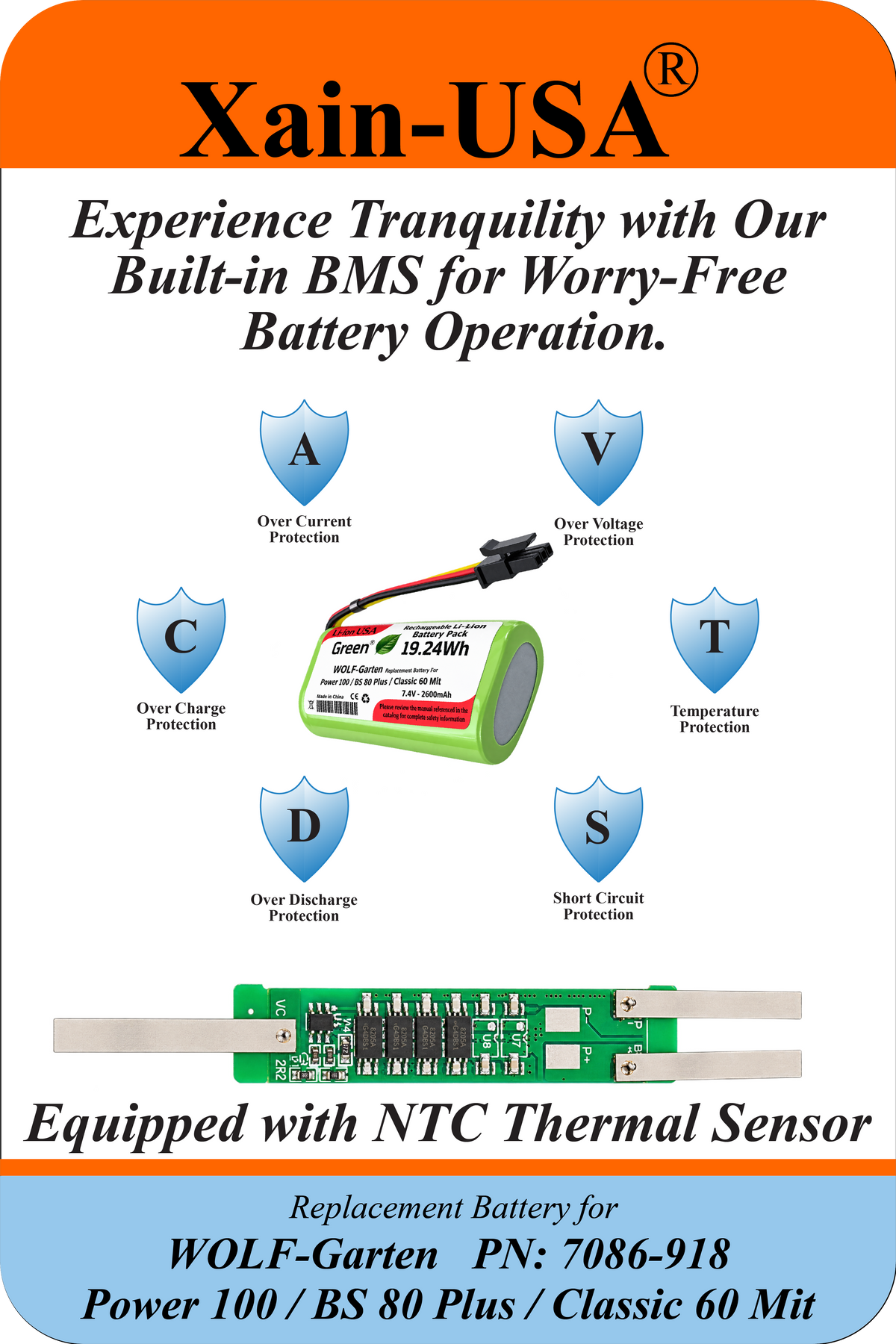 7.4V 2600mAh Replacement Battery for WOLF-Garten Power 100 / BS 80 Plus / Classic 60 Mit, Replaces PN 7086-918, 19.24Wh Li-ion, 3-Wire Connector, Built-in BMS