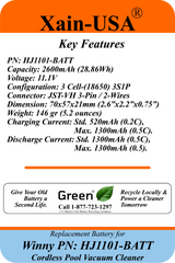 Replacement Battery Pack for Winny Models HJ1101J / HJ1101 / HJ1102 Cordless Pool Vacuum Cleaner | PN: HJ1101-BATT | High-Capacity 11.1V 2600mAh Rechargeable Lithium-Ion | Long Runtime, Direct OEM Fit